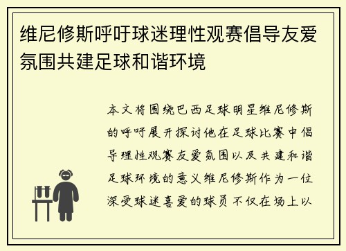 维尼修斯呼吁球迷理性观赛倡导友爱氛围共建足球和谐环境