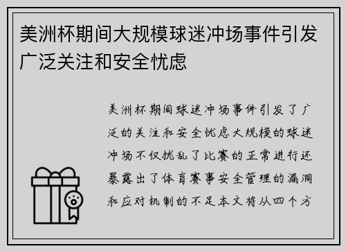 美洲杯期间大规模球迷冲场事件引发广泛关注和安全忧虑