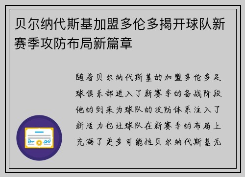 贝尔纳代斯基加盟多伦多揭开球队新赛季攻防布局新篇章