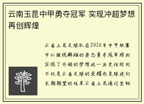 云南玉昆中甲勇夺冠军 实现冲超梦想再创辉煌 云南玉昆中甲勇夺冠军 实现冲超梦想再创辉煌